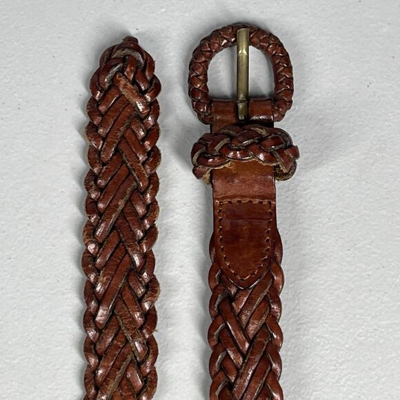 Cole Haan Leather Woven Braided Belt Mens 28 Brown Wrapped Buckle Slim 3/4" - Picture 2 of 8